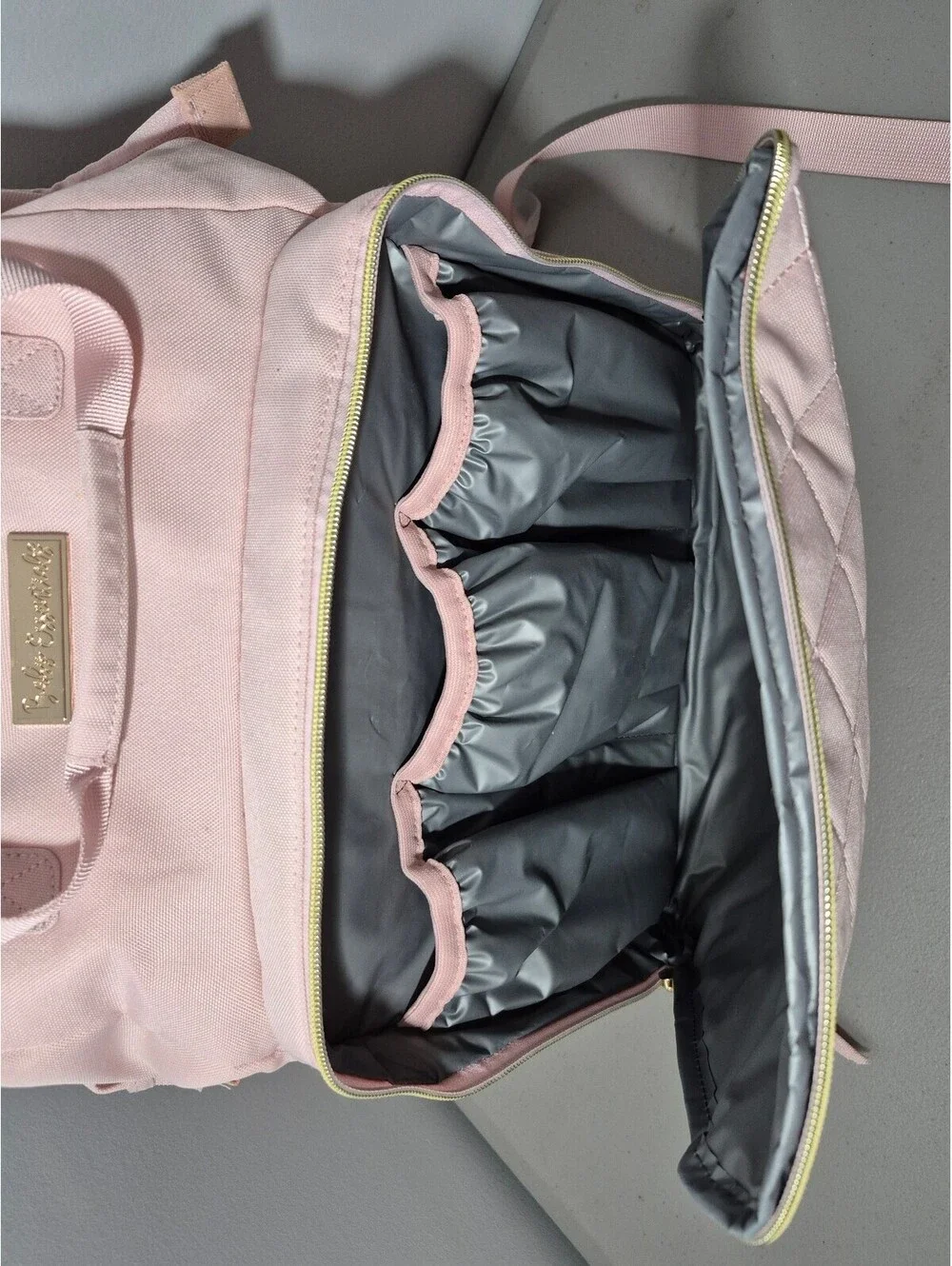 Baby Essentials Pink Diaper Bag Backpack Insulated Bottle Pockets Gold Tone